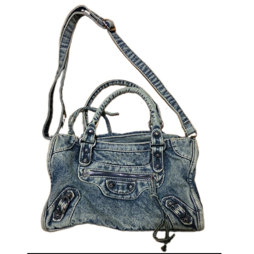 Y2K Acid Wash Denim Motorcycle Bag Studded Blue Jean Shoulder Purse